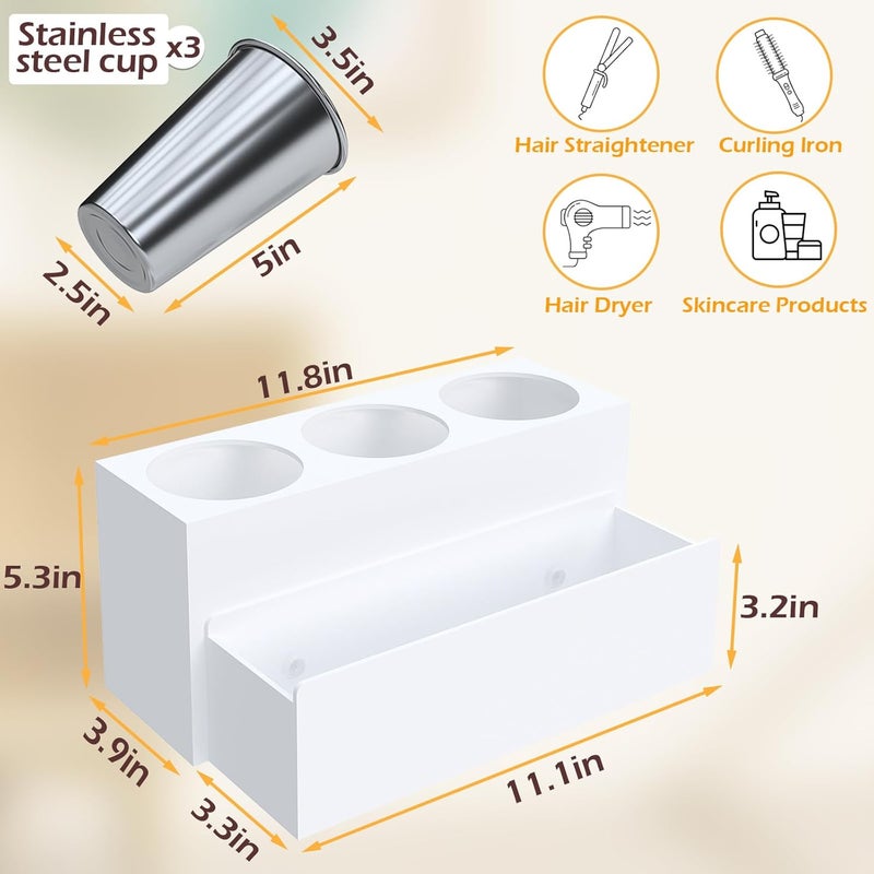 PITBVO Hair Tool Organizer, Detachable Acrylic Hair Dryer Holder for Bathroom, Hair Styling Accessories Curling Iron Hot Tools Organizer with 3 Cups, Countertop Vanity Storage (Matte White) - Image 4